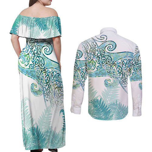 Aotearoa Maori Koru Curves Couples Matching Off Shoulder Maxi Dress and Long Sleeve Button Shirt Mossy Paua Shell