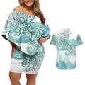 Aotearoa Maori Koru Curves Couples Matching Off Shoulder Short Dress and Hawaiian Shirt Mossy Paua Shell