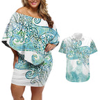 Aotearoa Maori Koru Curves Couples Matching Off Shoulder Short Dress and Hawaiian Shirt Mossy Paua Shell