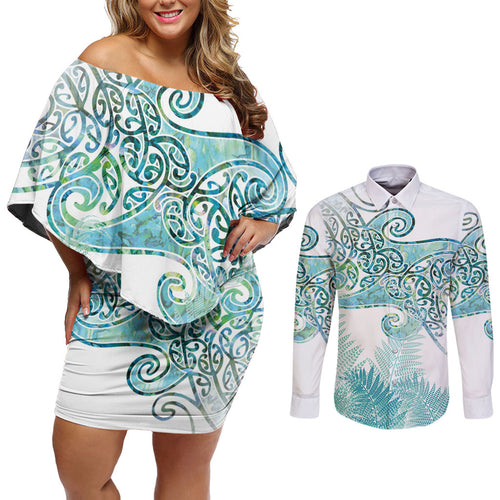 Aotearoa Maori Koru Curves Couples Matching Off Shoulder Short Dress and Long Sleeve Button Shirt Mossy Paua Shell
