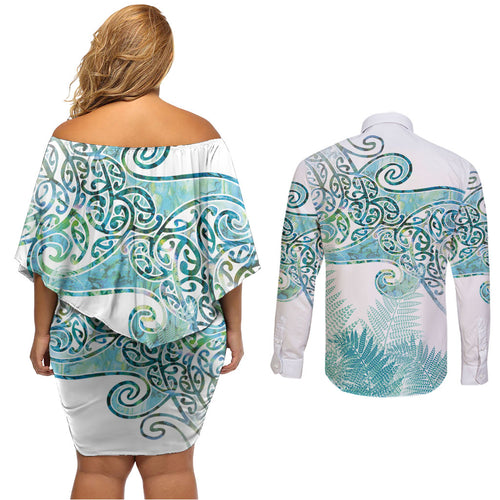 Aotearoa Maori Koru Curves Couples Matching Off Shoulder Short Dress and Long Sleeve Button Shirt Mossy Paua Shell