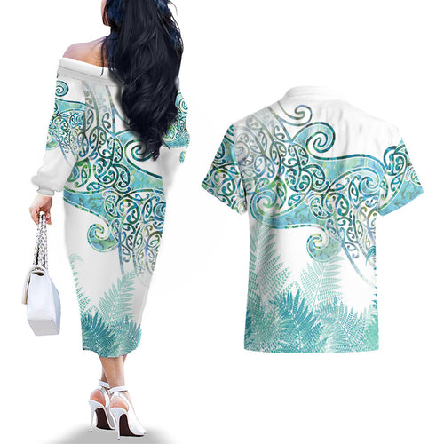 Aotearoa Maori Koru Curves Couples Matching Off The Shoulder Long Sleeve Dress and Hawaiian Shirt Mossy Paua Shell