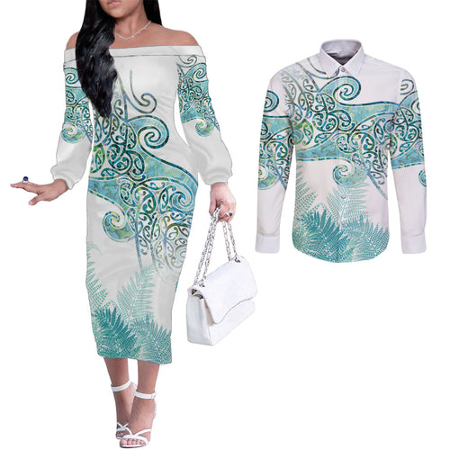 Aotearoa Maori Koru Curves Couples Matching Off The Shoulder Long Sleeve Dress and Long Sleeve Button Shirt Mossy Paua Shell