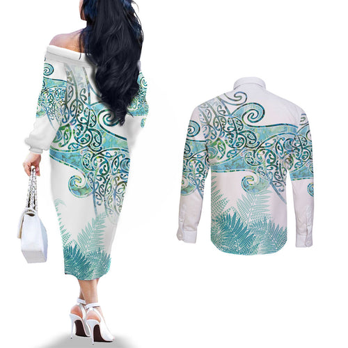 Aotearoa Maori Koru Curves Couples Matching Off The Shoulder Long Sleeve Dress and Long Sleeve Button Shirt Mossy Paua Shell