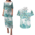 Aotearoa Maori Koru Curves Couples Matching Puletasi and Hawaiian Shirt Mossy Paua Shell
