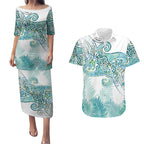 Aotearoa Maori Koru Curves Couples Matching Puletasi and Hawaiian Shirt Mossy Paua Shell