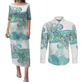 Aotearoa Maori Koru Curves Couples Matching Puletasi and Long Sleeve Button Shirt Mossy Paua Shell