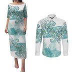 Aotearoa Maori Koru Curves Couples Matching Puletasi and Long Sleeve Button Shirt Mossy Paua Shell
