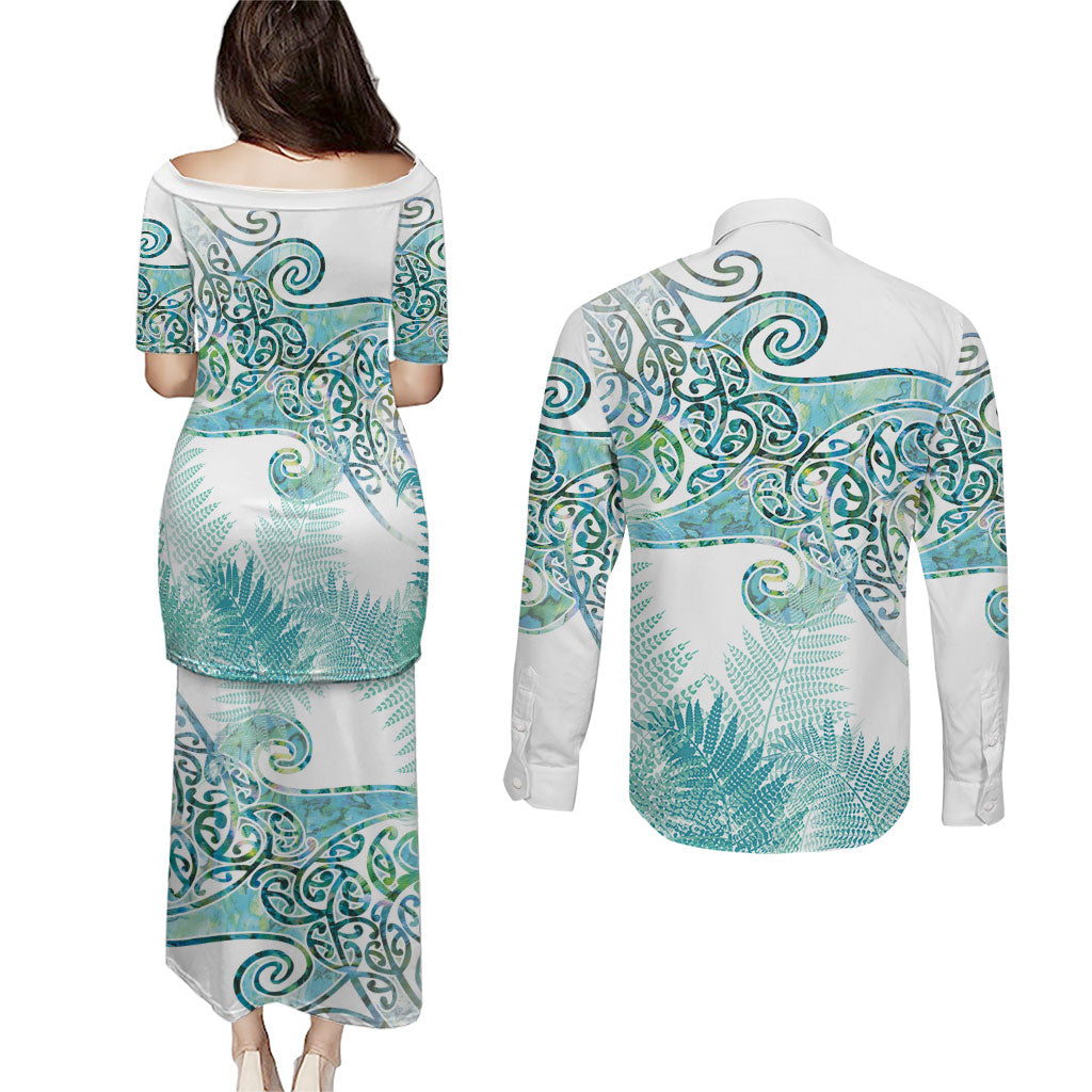 Aotearoa Maori Koru Curves Couples Matching Puletasi and Long Sleeve Button Shirt Mossy Paua Shell