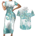Aotearoa Maori Koru Curves Couples Matching Short Sleeve Bodycon Dress and Hawaiian Shirt Mossy Paua Shell