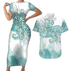 Aotearoa Maori Koru Curves Couples Matching Short Sleeve Bodycon Dress and Hawaiian Shirt Mossy Paua Shell