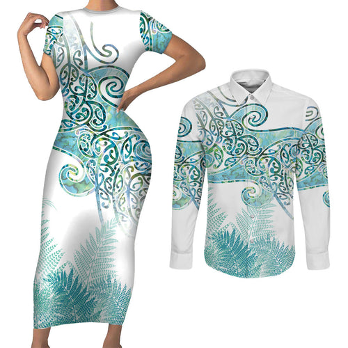 Aotearoa Maori Koru Curves Couples Matching Short Sleeve Bodycon Dress and Long Sleeve Button Shirt Mossy Paua Shell