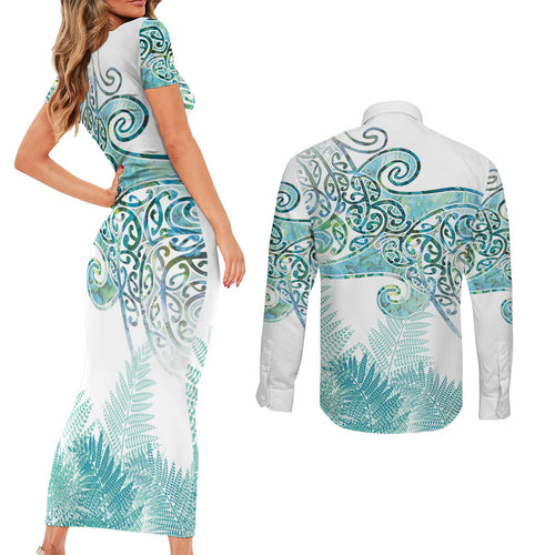 Aotearoa Maori Koru Curves Couples Matching Short Sleeve Bodycon Dress and Long Sleeve Button Shirt Mossy Paua Shell