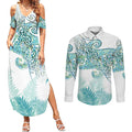 Aotearoa Maori Koru Curves Couples Matching Summer Maxi Dress and Long Sleeve Button Shirt Mossy Paua Shell