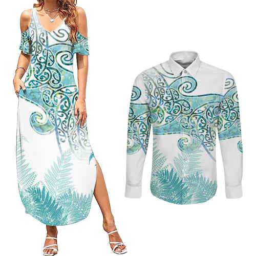 Aotearoa Maori Koru Curves Couples Matching Summer Maxi Dress and Long Sleeve Button Shirt Mossy Paua Shell