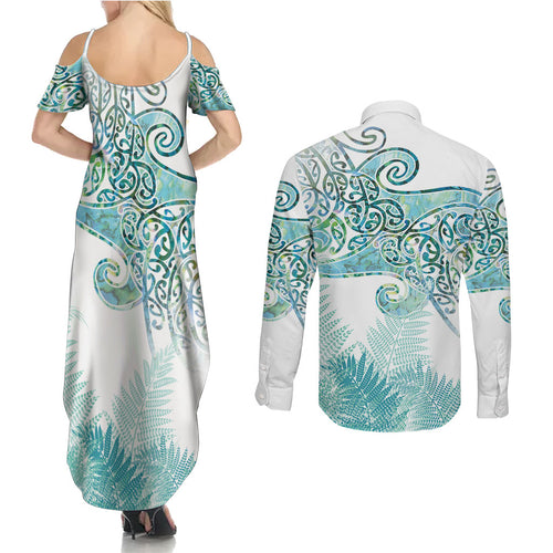 Aotearoa Maori Koru Curves Couples Matching Summer Maxi Dress and Long Sleeve Button Shirt Mossy Paua Shell