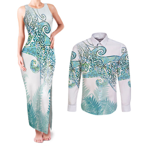 Aotearoa Maori Koru Curves Couples Matching Tank Maxi Dress and Long Sleeve Button Shirt Mossy Paua Shell