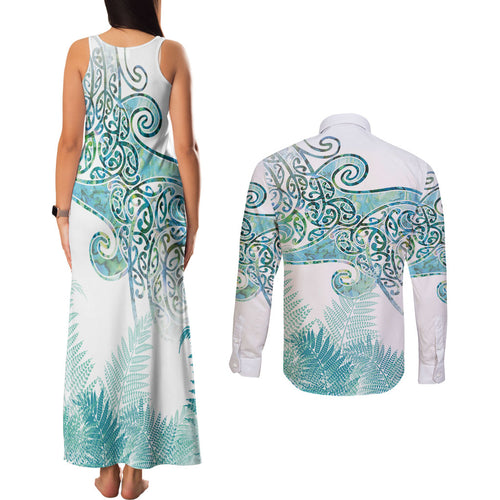 Aotearoa Maori Koru Curves Couples Matching Tank Maxi Dress and Long Sleeve Button Shirt Mossy Paua Shell