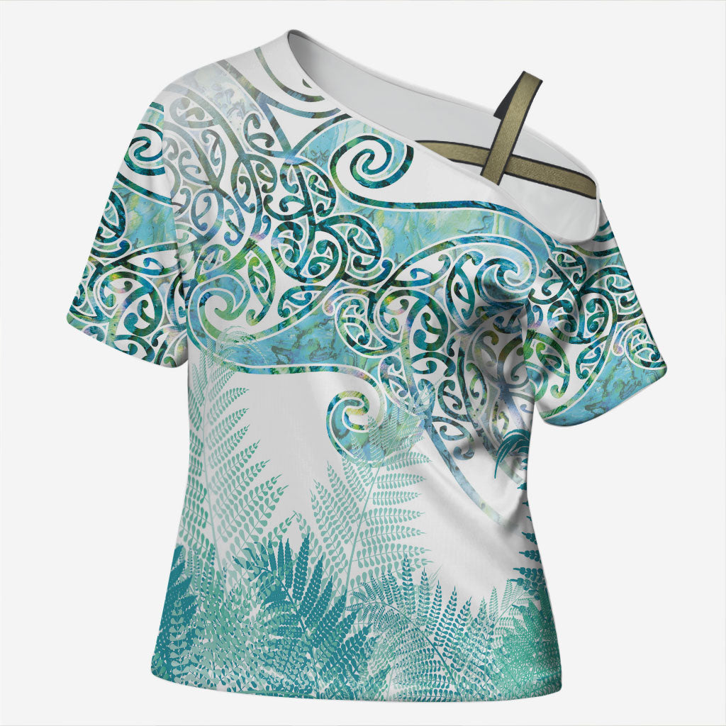 Aotearoa Maori Koru Curves Cross Shoulder Shirt Mossy Paua Shell