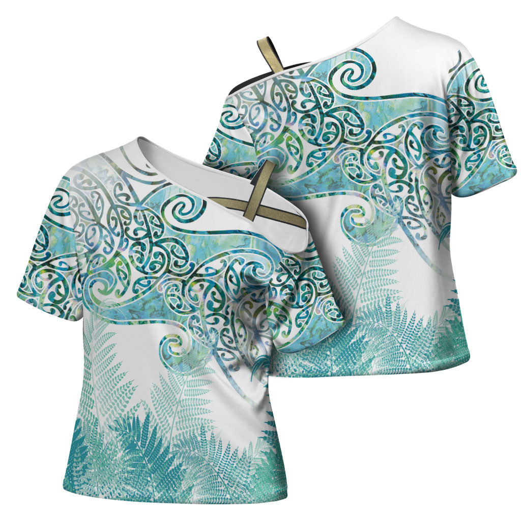 Aotearoa Maori Koru Curves Cross Shoulder Shirt Mossy Paua Shell