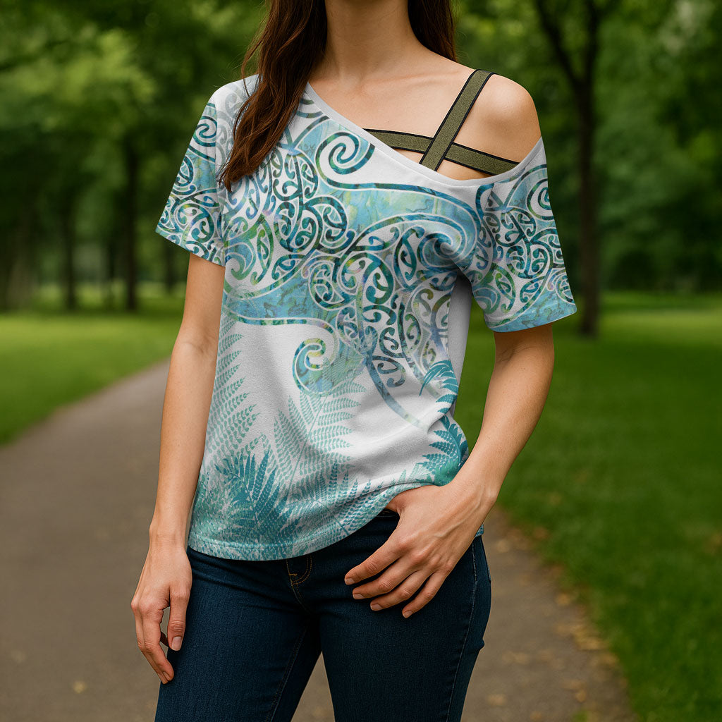 Aotearoa Maori Koru Curves Cross Shoulder Shirt Mossy Paua Shell