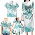 Aotearoa Maori Koru Curves Family Matching Long Sleeve Bodycon Dress and Hawaiian Shirt Mossy Paua Shell