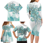 Aotearoa Maori Koru Curves Family Matching Long Sleeve Bodycon Dress and Hawaiian Shirt Mossy Paua Shell
