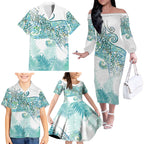 Aotearoa Maori Koru Curves Family Matching Off The Shoulder Long Sleeve Dress and Hawaiian Shirt Mossy Paua Shell