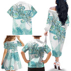 Aotearoa Maori Koru Curves Family Matching Off The Shoulder Long Sleeve Dress and Hawaiian Shirt Mossy Paua Shell