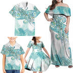 Aotearoa Maori Koru Curves Family Matching Off Shoulder Maxi Dress and Hawaiian Shirt Mossy Paua Shell