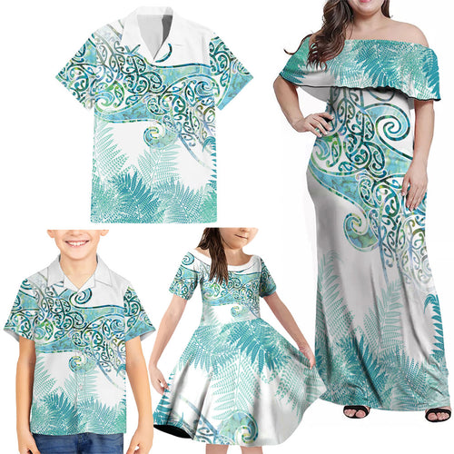 Aotearoa Maori Koru Curves Family Matching Off Shoulder Maxi Dress and Hawaiian Shirt Mossy Paua Shell