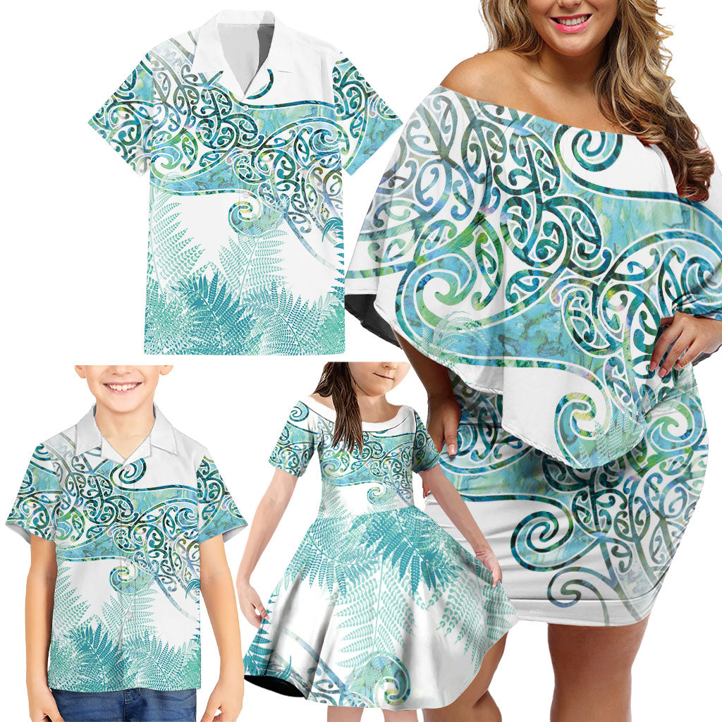 Aotearoa Maori Koru Curves Family Matching Off Shoulder Short Dress and Hawaiian Shirt Mossy Paua Shell