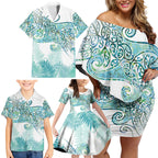 Aotearoa Maori Koru Curves Family Matching Off Shoulder Short Dress and Hawaiian Shirt Mossy Paua Shell