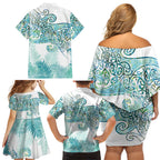 Aotearoa Maori Koru Curves Family Matching Off Shoulder Short Dress and Hawaiian Shirt Mossy Paua Shell