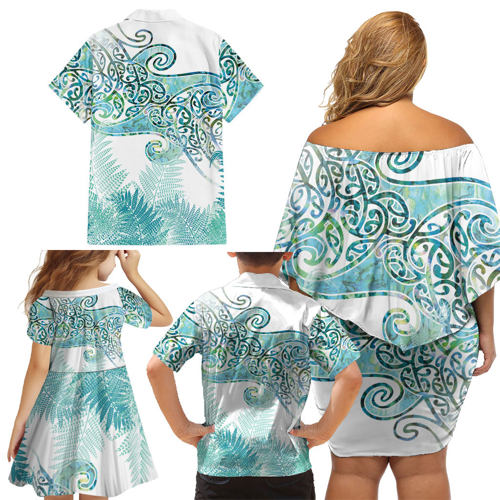 Aotearoa Maori Koru Curves Family Matching Off Shoulder Short Dress and Hawaiian Shirt Mossy Paua Shell