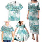 Aotearoa Maori Koru Curves Family Matching Puletasi and Hawaiian Shirt Mossy Paua Shell