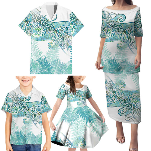 Aotearoa Maori Koru Curves Family Matching Puletasi and Hawaiian Shirt Mossy Paua Shell
