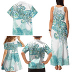 Aotearoa Maori Koru Curves Family Matching Tank Maxi Dress and Hawaiian Shirt Mossy Paua Shell