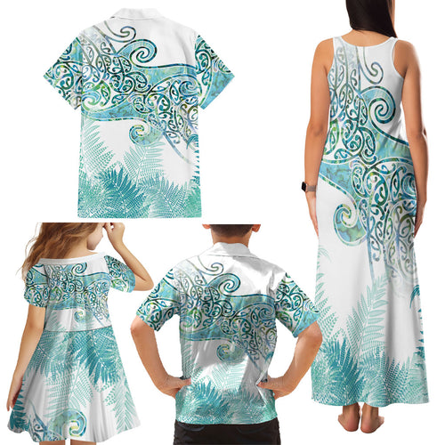 Aotearoa Maori Koru Curves Family Matching Tank Maxi Dress and Hawaiian Shirt Mossy Paua Shell