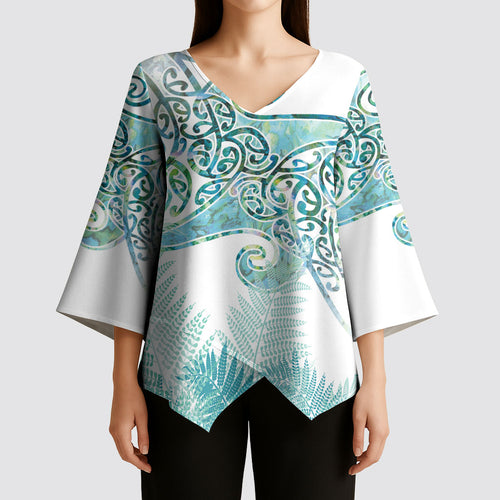 Aotearoa Maori Koru Curves Kimono Sleeve Blouse Mossy Paua Shell