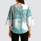 Aotearoa Maori Koru Curves Kimono Sleeve Blouse Mossy Paua Shell