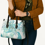 Aotearoa Maori Koru Curves Leather Bag Mossy Paua Shell