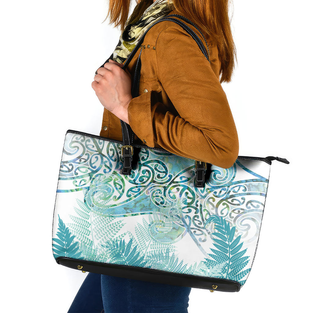 Aotearoa Maori Koru Curves Leather Tote Bag Mossy Paua Shell