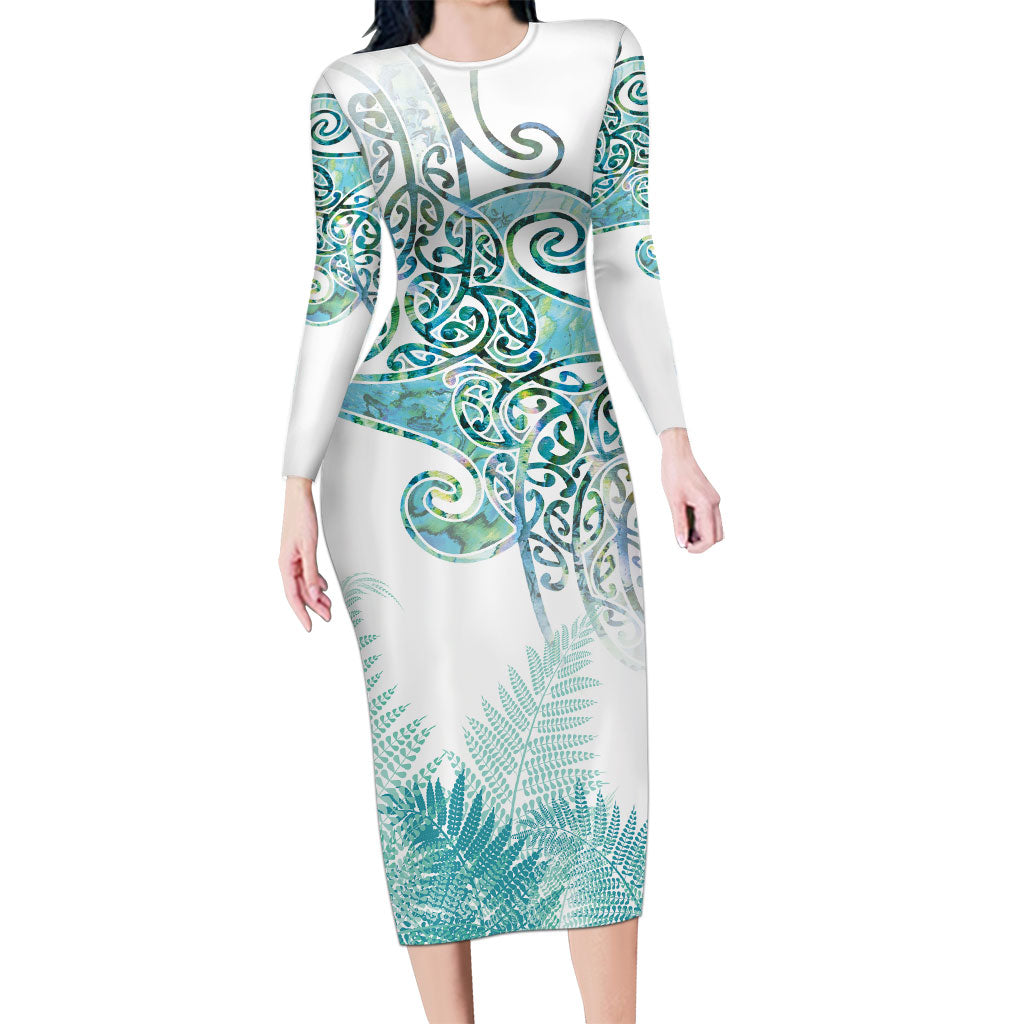 Aotearoa Maori Koru Curves Long Sleeve Bodycon Dress Mossy Paua Shell