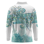 Aotearoa Maori Koru Curves Long Sleeve Polo Shirt Mossy Paua Shell