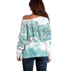 Aotearoa Maori Koru Curves Off Shoulder Sweater Mossy Paua Shell