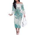 Aotearoa Maori Koru Curves Off The Shoulder Long Sleeve Dress Mossy Paua Shell