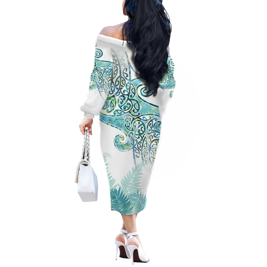 Aotearoa Maori Koru Curves Off The Shoulder Long Sleeve Dress Mossy Paua Shell