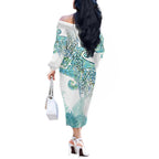Aotearoa Maori Koru Curves Off The Shoulder Long Sleeve Dress Mossy Paua Shell