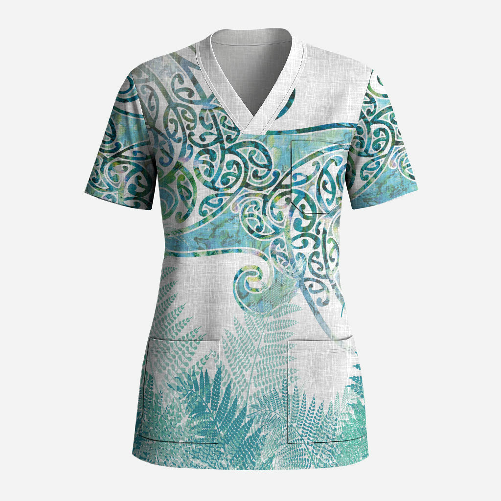 Aotearoa Maori Koru Curves Scrub Top Mossy Paua Shell